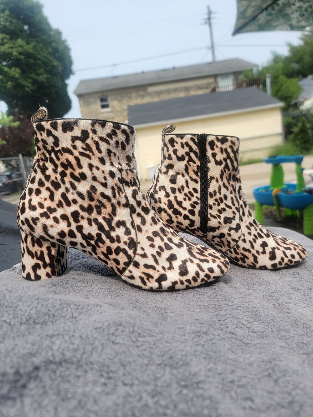 Calf Hair Leather Leopard Print Ankle Boots Size 10 Real Dyed Fur Block Heel Y2k